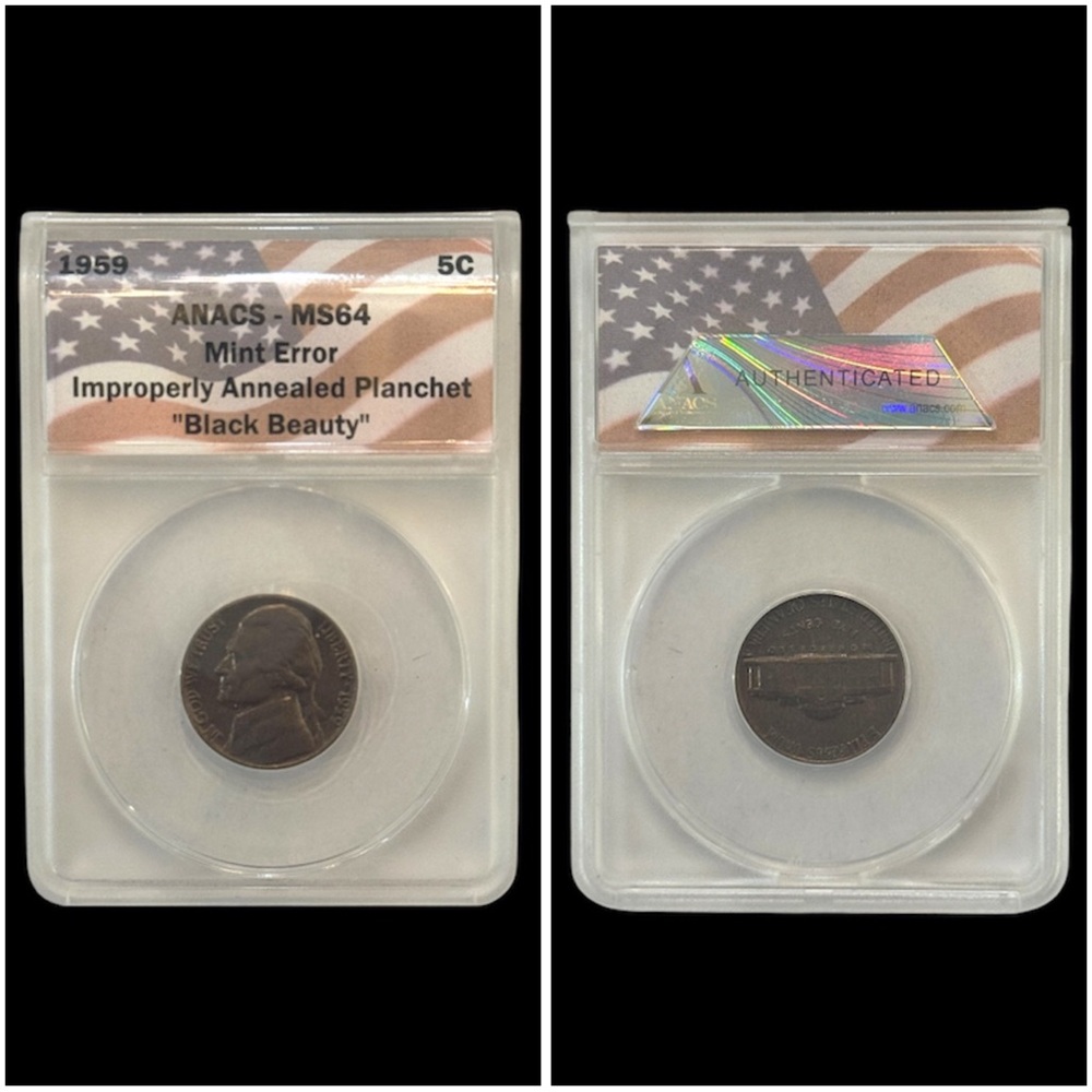 1959 5C ANACS MS64 BLACK "BLACK BEAUTY" Mint Error Improperly Annealed Planchet